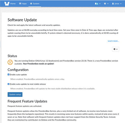 3 Software Update screen with FreedomBox version